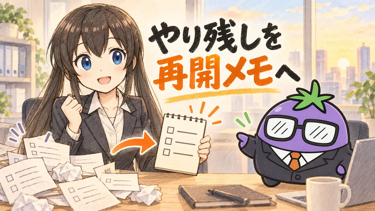 くろさらとビジナスが仕事のやり残しを再開メモへ整理するイラスト