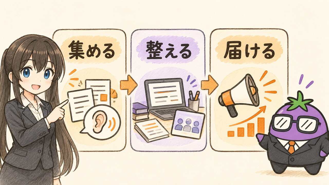 広報の仕事を集める・整える・届けるの3段階で示した図解