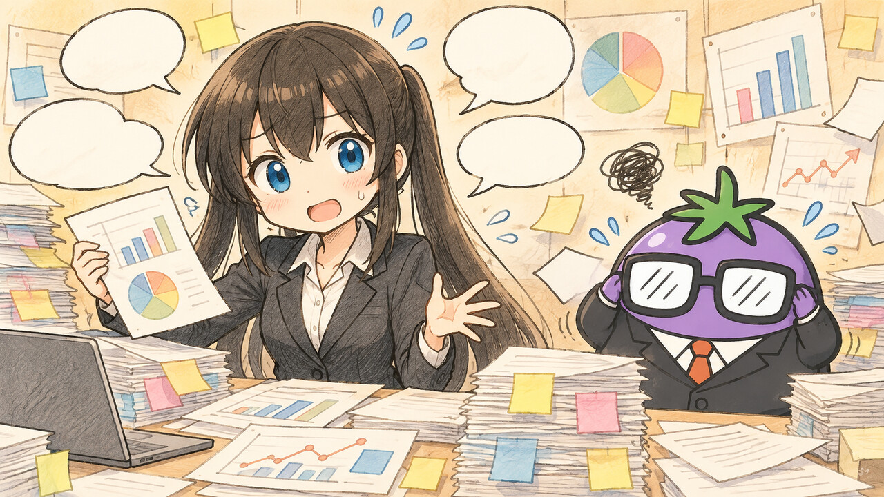 資料を抱えて説明を足しすぎて困るくろさらとビジナス